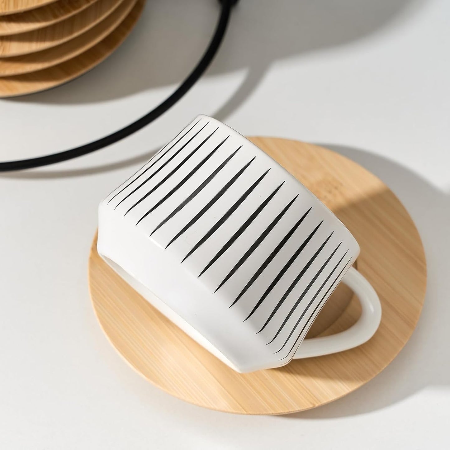 LUKA Ceramic Coffee Espresso Cups with Saucers Set with Metal Holder, 4 oz Porcelain Demitasse Cups For Espresso, Latte, Coffee, Cafe Mocha, Tea, Set of 6, Stripe White & Black