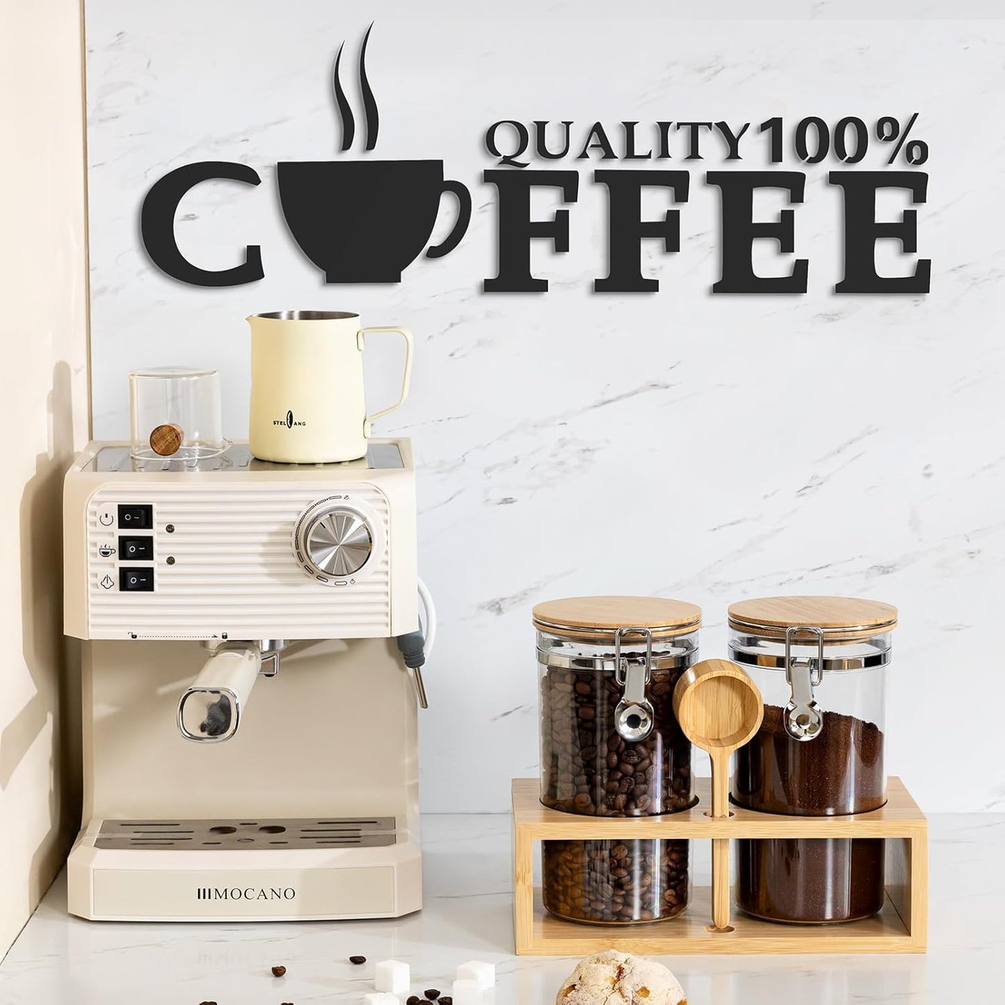 Yangbaga 2Pcs Coffee Sugar Canisters with Shelf, 38OZ Plastics Storage Containers for Ground Coffee Bean Storage with Lid Airtight Locking Clamp and Coffee Scoop, Food Storage Jar for Kitchen