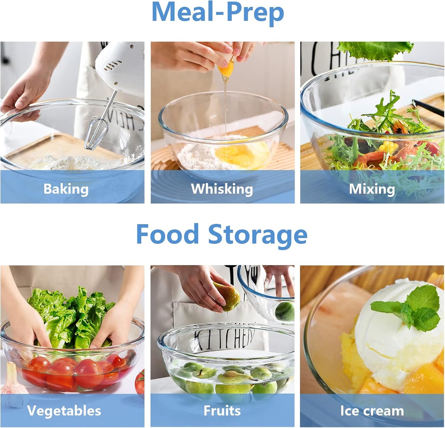 WhiteRhino 8 Piece Glass Bowls with Lids, Heat Resistant Glass Mixing Bowls Set (3.7QT, 2.1QT, 1.1QT, 0.53QT), Clear Salad Bowls with BAP-Free Lids for Kitchen, Oven Microwave Dishwasher Safe