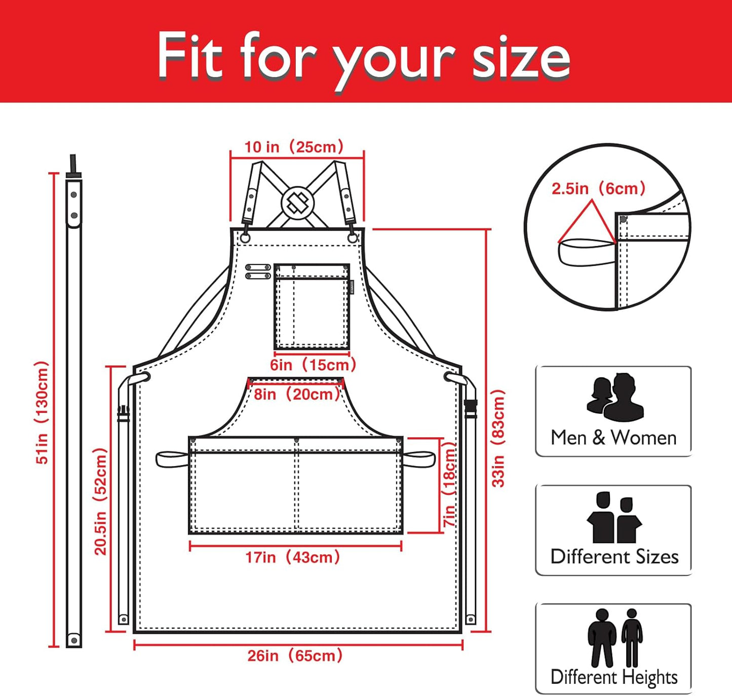 Kitchen Apron, Work Apron, Canvas, Multiple Pockets, Gardening, Painting, BBQ, Artist, Carpenter, Sizes M to XXL, Red