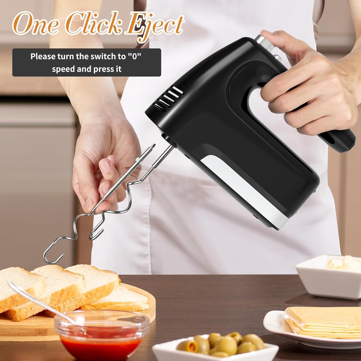 CBQ Hand Mixer Electric, 5-Speed 400W Powerful Motor, Hand Mixer Electric Handheld with Storage Case, Turbo Boost and 5x Accessories, Flat Beaters, Dough Hooks, Whisk (Black)