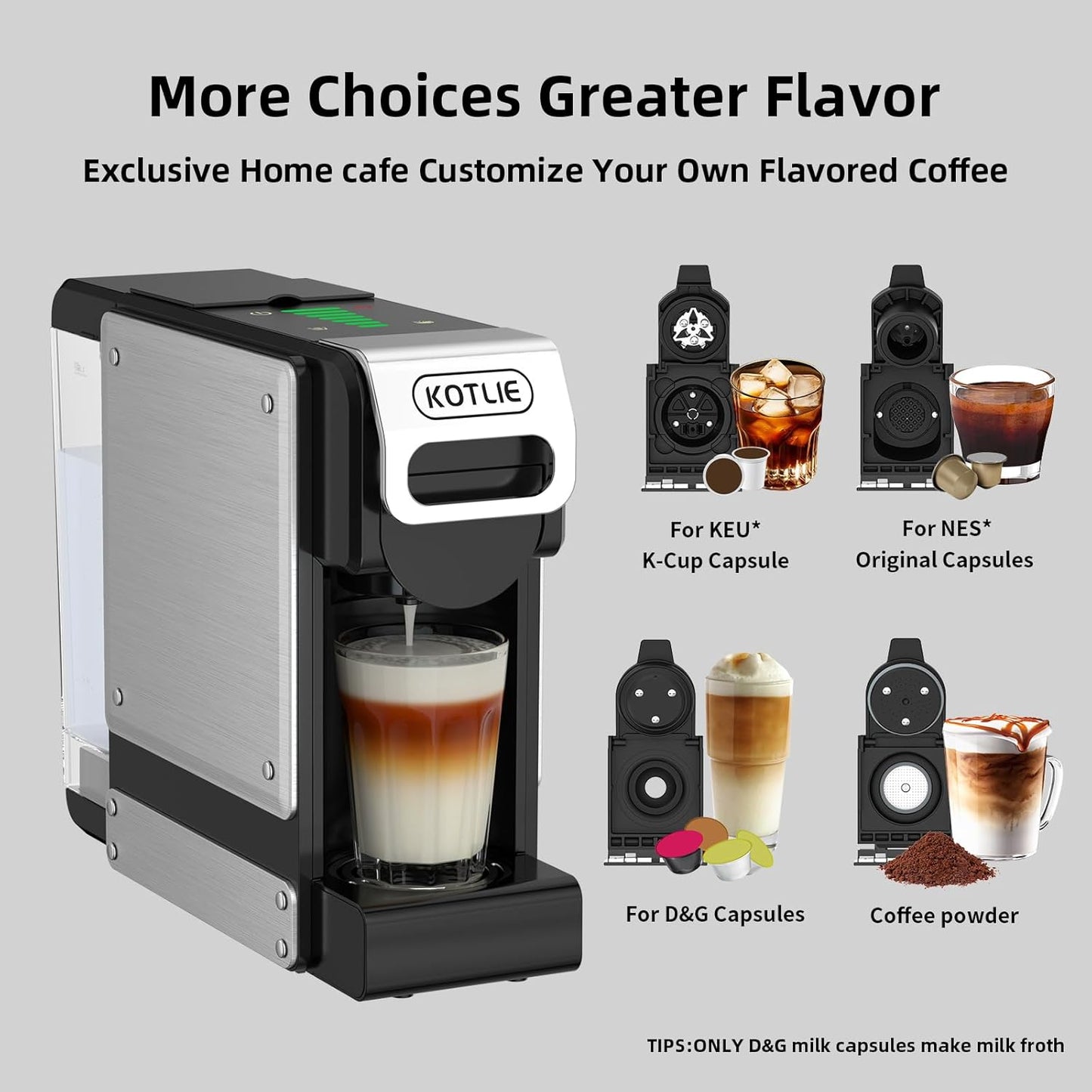 KOTLIE ST-550 Single Serve Coffee Maker, Espresso Capsule Coffee Maker for K*cup capsule/Ne*s Original/Dol*e Gu*to and Ground Coffee, 19Bar, 1L, Compact（Black）
