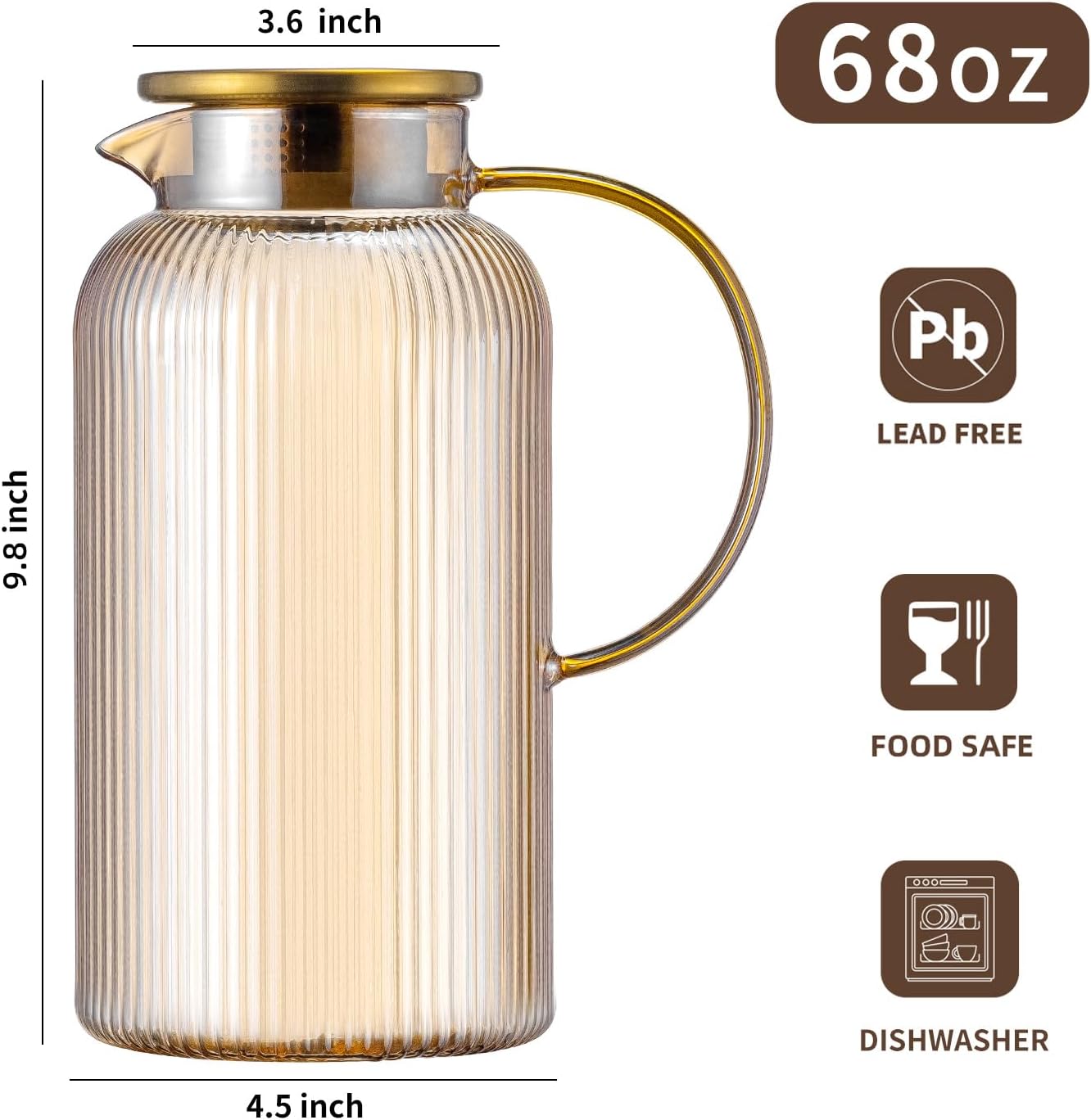Glass Pitcher with Lid, 68 oz/ 2 Liter Amber Classic Vertical Stripes Water Pitcher,Glass Water Carafe for Cold Brew, Coffee, Lemonade, Iced Tea,Beverage, Heat Resistant Water Glass Jug