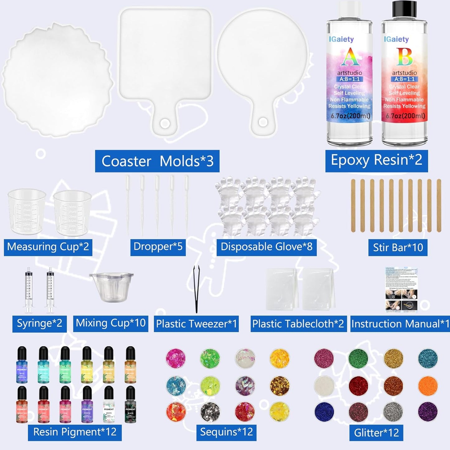 IGaiety Resin Coaster Molds Silicone Kit Cutting Serving Board Mold 82 Pcs Geode Tray Molds with Pigments for Starter Beginners Bundle Epoxy Resin Coasters Casting Kit Cup Mats Home Decoration Set