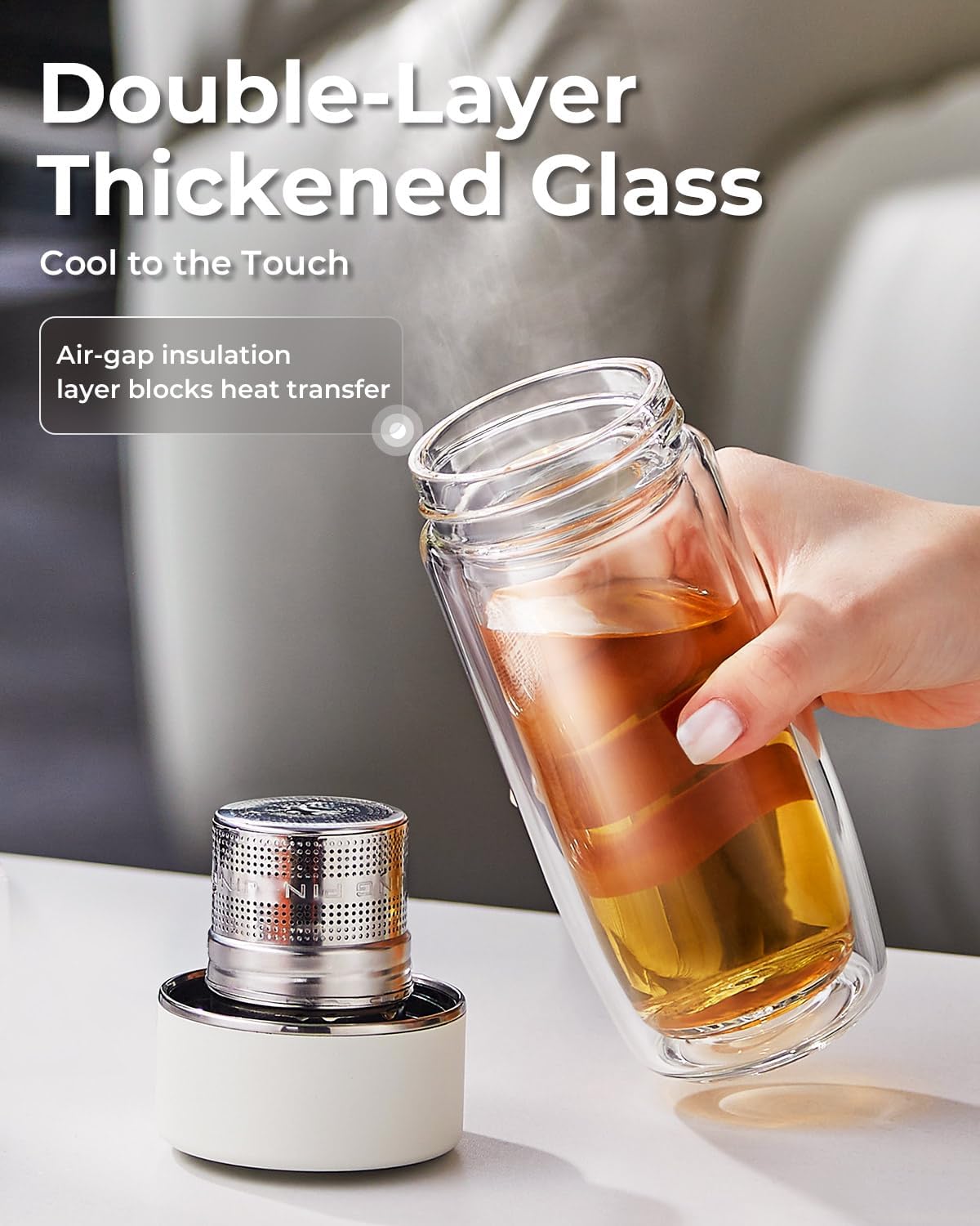 MagnaDrop Tea Tumbler – Double Wall Glass Tea Infuser Cup with Magnetic Steep Control & Bead Switch, Leakproof Travel Mug for Loose Leaf, 12.5oz