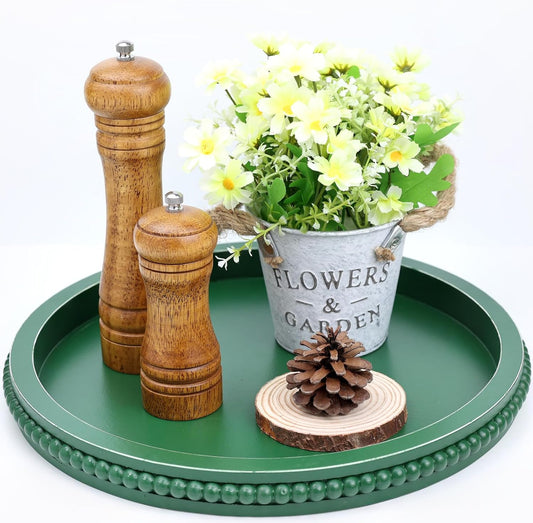 Green Round Wood Decorative Ottoman Tray for Coffee Table Kitchen Counter, Living Room, Handcrafted Green Wooden Serving Tray for Table Centerpiece
