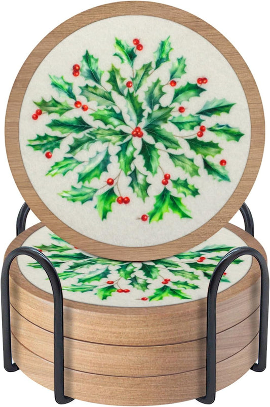 Christmas Coasters Set of 4 with Holder, Cewiru Cup Mat for Drinks, Absorbent Coasters with Felt Insert for Coffee Table Protection, Modern Style Home Dining Table Decor, 4.3"