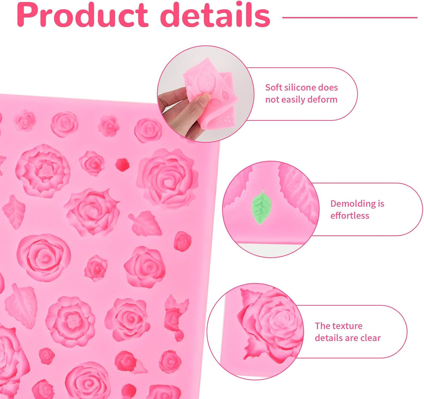 2 Pcs Rose Flowers and Leaves Chocolate Fondant Candy Silicone Molds for Cupcake Toppers, Crafting Projects, Wedding and Birthday Cake Decoration