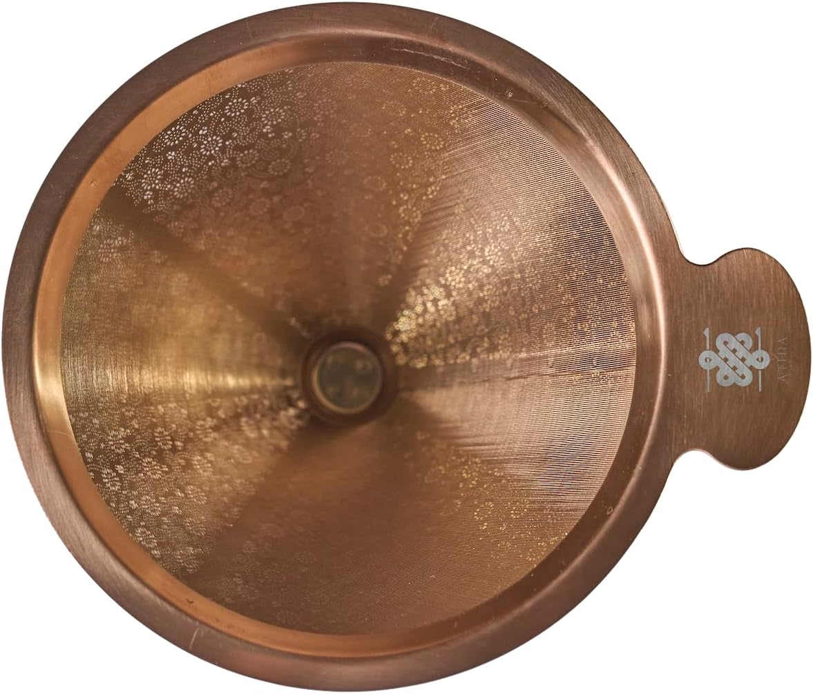 ATHIA Golden Reusable Coffee Filter, Stainless Steel Pour Over Dripper with Laser-etched Mesh cone, Eco-friendly Paperless Design, Fits Most Mugs, Carafes & Hario Brewers (Rose Golden, Flower Carving)