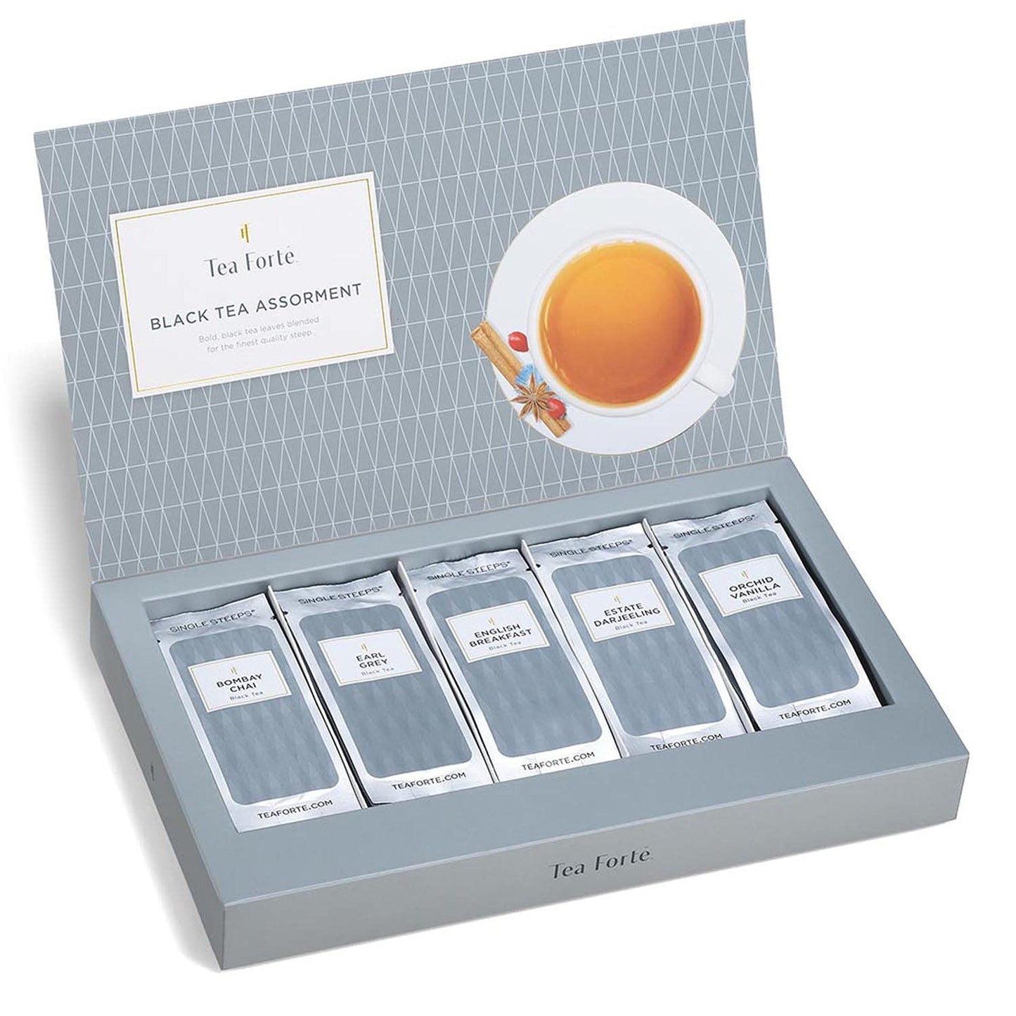 Tea Forte Black Tea Assortment Single Steeps Loose Leaf Premium Tea Gift Set Sampler, 15 Count 3 of Each Assorted Blends, Pre-Portioned Single Serve Pouches, Steeps 12 oz