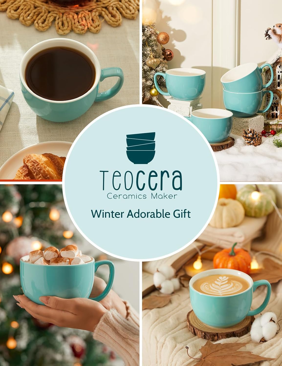 Teocera Turquoise Coffee Mugs Set of 4, 16 oz Ceramic Coffee Mug, Large Mug Set with Handle for Cold or Hot Drinks like Cocoa, Milk, Latte, Fruit Cereal, Long-lasting Porcelain with Modern Design