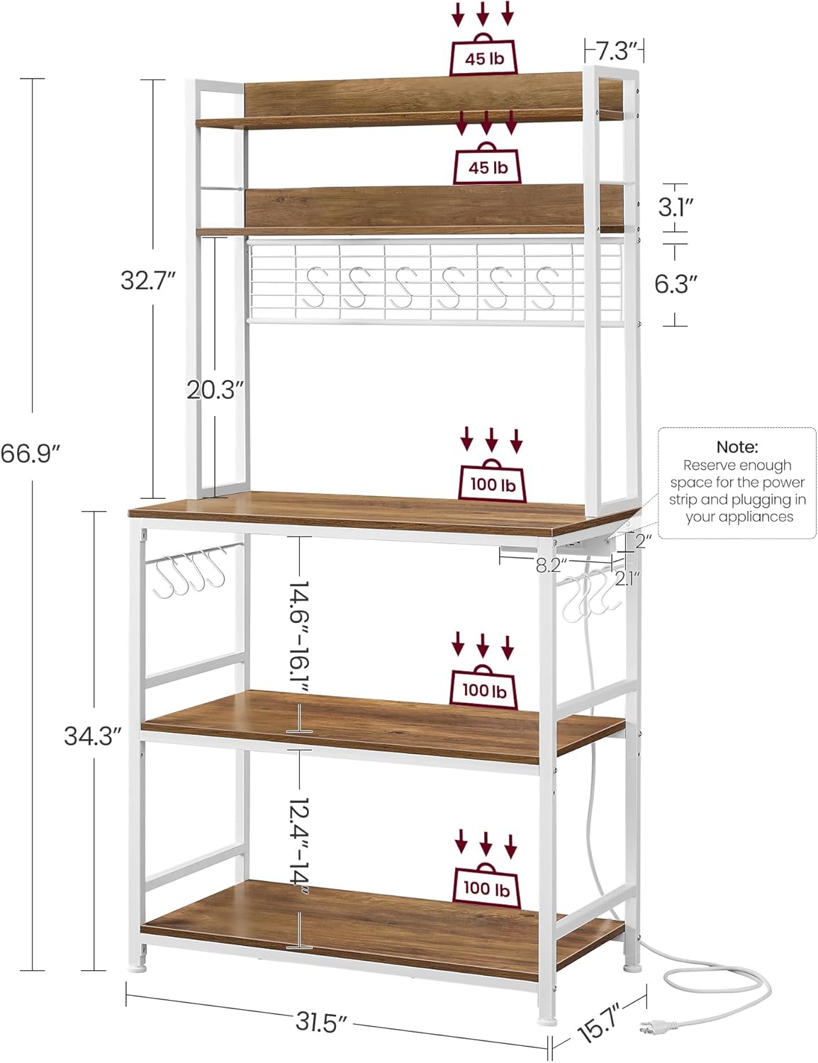 VASAGLE Hutch Bakers Rack with Power Outlet, 14 Hooks Microwave Stand, Adjustable Coffee Bar with Metal Wire Panel, Kitchen Storage Shelf, 15.7 x 31.5 x 66.9 Inches, Rustic Walnut and White UKKS025W41