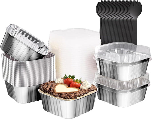 25 Pack Square Mini Cake Pans with Lids,Mini Loaf Pans with Lids,Aluminum Foil Baking Cups,Disposable Ramekins Cupcake Cups,Dessert Cups for Wedding Birthday Party Picnics,5oz (Silver)