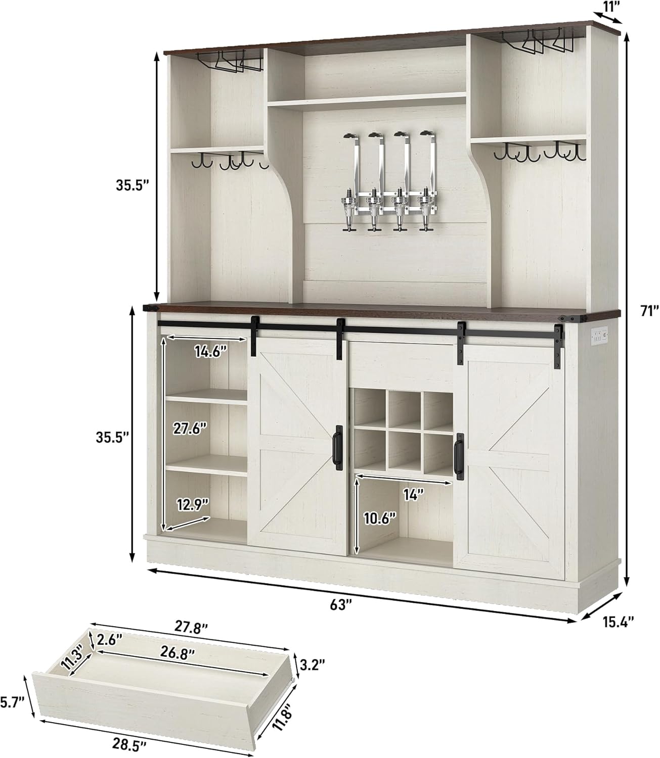 Farmhouse Coffee Bar Cabinet with Charging Station & Sliding Barn Doors - 63" W x 71" H Large Wine Rack, Built-in Liquor Dispenser, Glass/Mug Holders for Kitchen, Living Room, Hallway