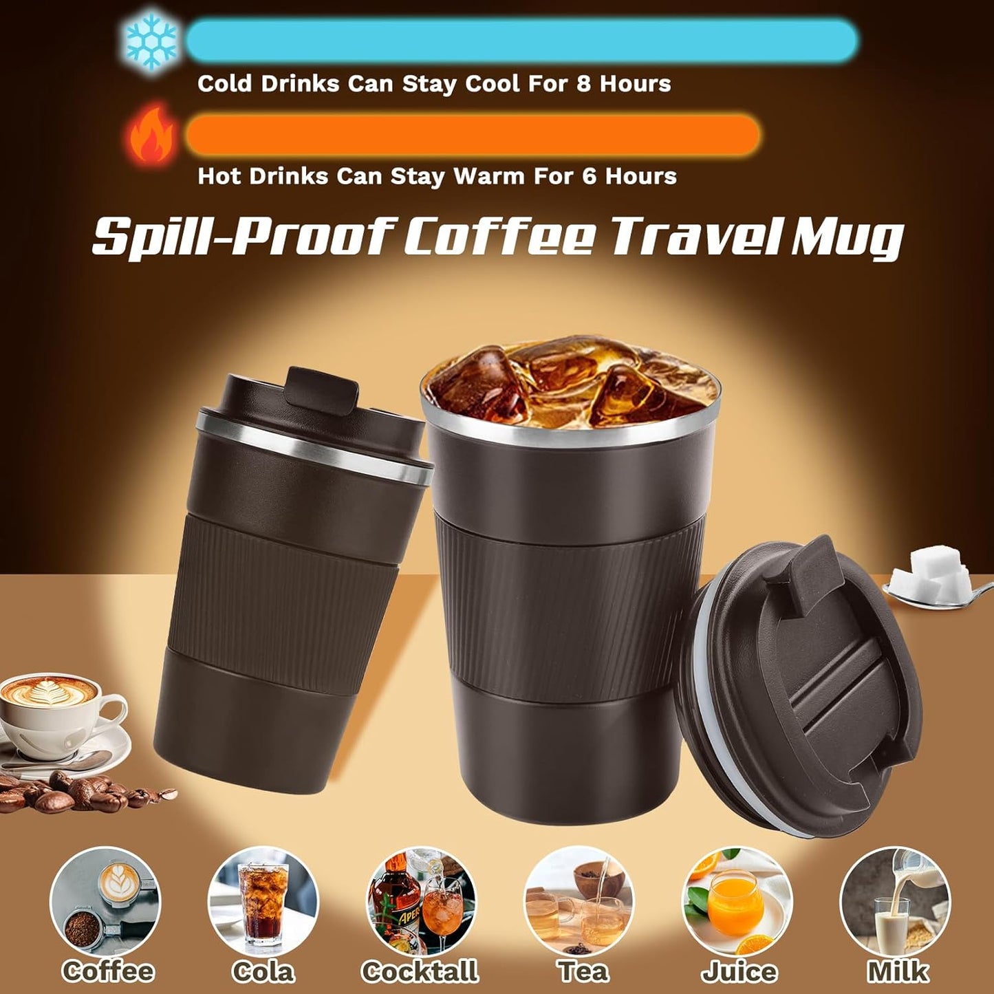 Vacuum-Insulated Stainless Steel Travel Coffee Mug, Leak-Proof Reusable Coffee Cup with Lid - Keep Hot & Cold Drinks for Hours, Durable Thermos Tumbler for Men & Women (3rd-Dark Coffee, 12OZ)