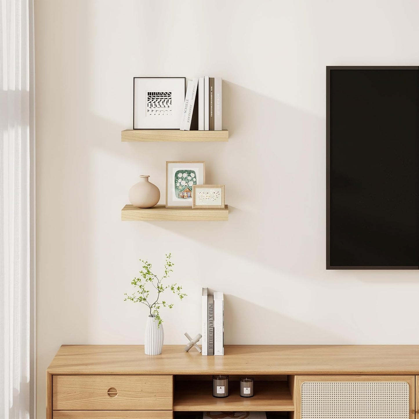 Floating Shelves for Wall, Real Wood Floating Shelf Set of 2, 8 Inch Deep Floating Shelves, Rustic Wood Wall Shelf for Home Decor, Deep Storage Shelves for Bathroom, Kitchen, 16"W x 8"D, Burlywood