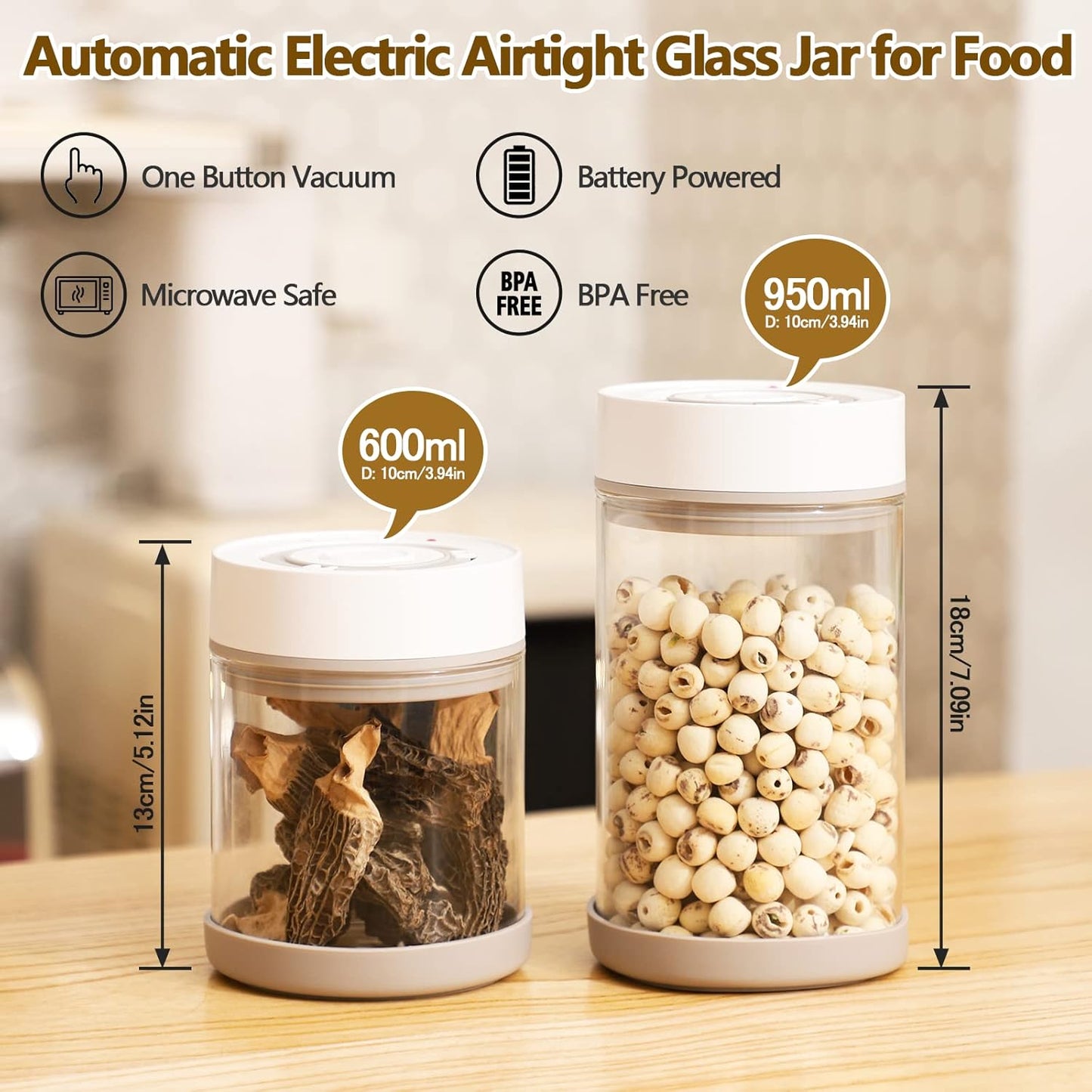 Minidiva Smart Vacuum Container, Automatic Electric Airtight Glass Jar for Food Coffee Storage Meal Prep (950ml)