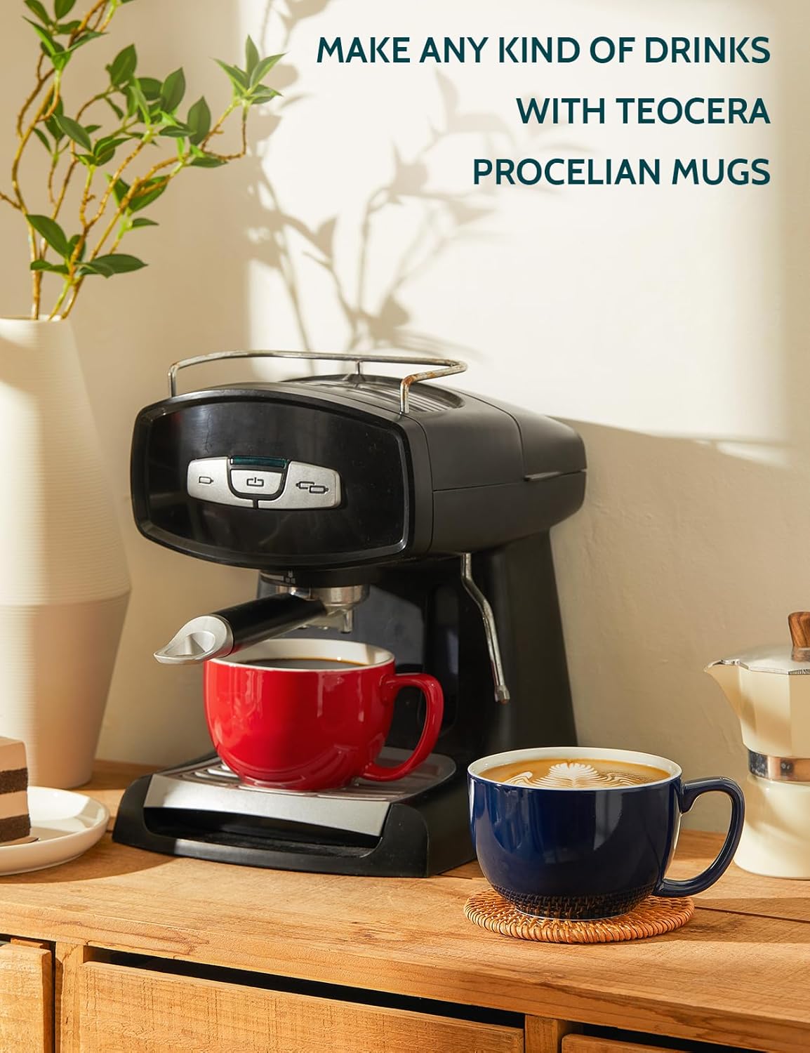 Teocera 16oz Large Coffee Mugs Set of 4 - Thick White Porcelain Cups for Cappuccino, Latte, Tea & Hot Chocolate - Dishwasher Safe Ceramic with Comfort Grip Handles (Red)