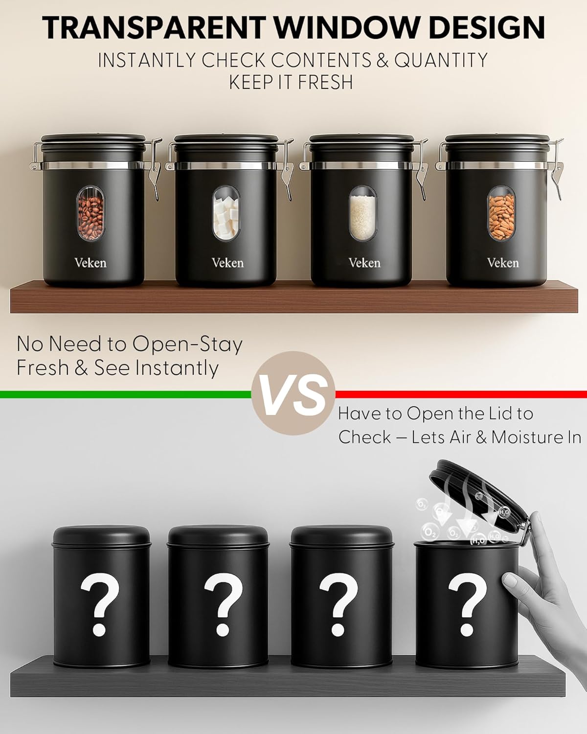 Veken Large Coffee Canister with Window, Rice Kitchen Food Storage Airtight Stainless Steel Container with Lids, Date Tracker and Scoop, Grounds, Beans, Tea, Flour, Cereal, Sugar Jars, 38oz, Black