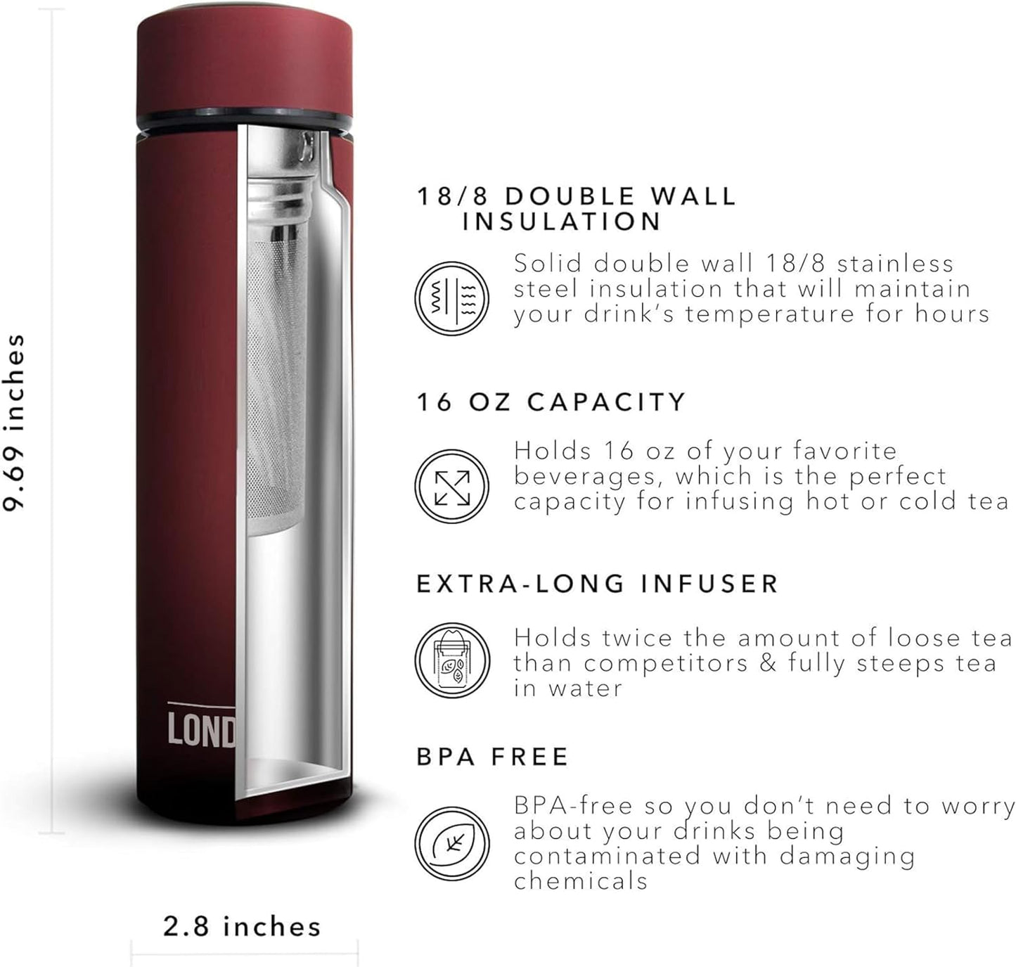 London Sip Multi-Purpose Travel Mug and Tumbler Fruit Infused Flask Hot and Cold Double Wall Stainless Steel Thermos with Extra-Long Infuser, Sacred Red