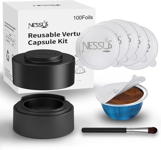 Nessus Reusable Kit for Nespresso Pods Vertuo, Reuse Old Coffee Pods for Nespresso Vertuo: 100 Pcs Aluminum Foil Seal Lid, Holder, Brush, Refillable Vertuo Plus Next Capsule Machine