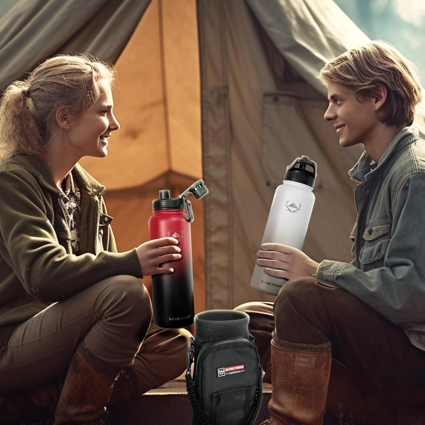 NATURE PIONEOR Insulated Water Bottles with Straw - 40oz Stainless Steel Vacuum Bottle with Holder/Carrier/Sleeve - Reusable 18/8 Food Grade 40 oz Water Jug