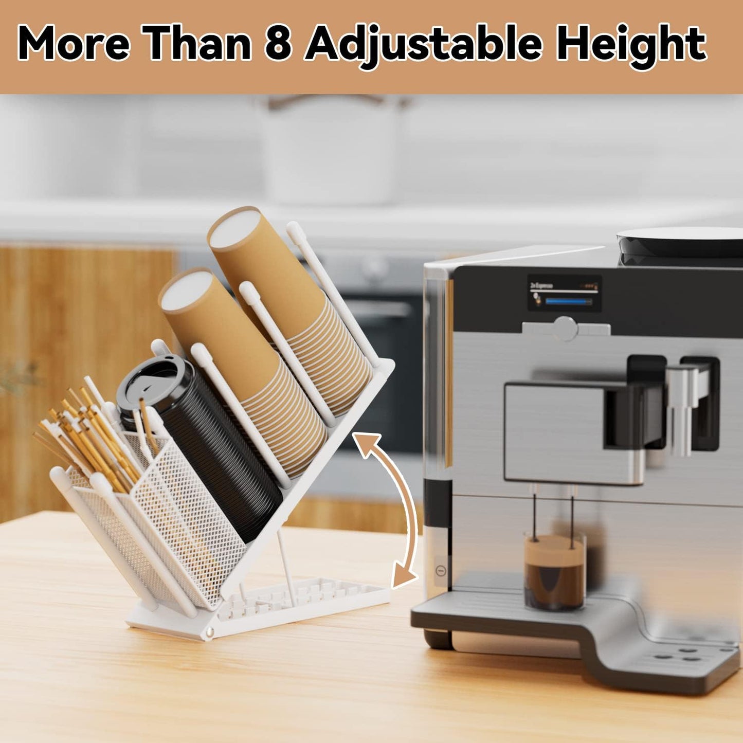 OVICAR Cup and Lid Holder - Adjustable Coffee Cup Holder Organizer 4 Compartment Disposable Cup Dispenser with Coffee Pod Straw Storage Basket for Coffee Station Bar Countertop Breakroom Metal White