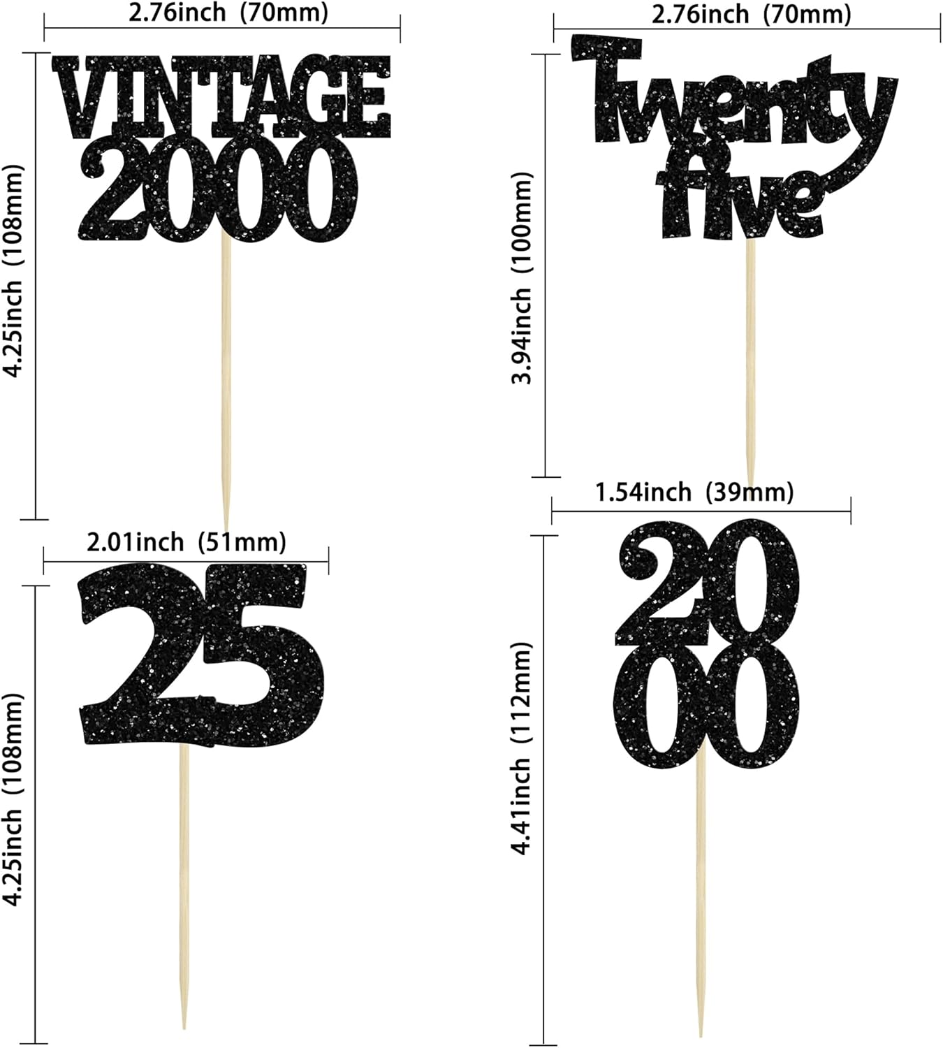 Gyufise 24Pcs 25th Birthday Cupcake Toppers Glitter Twenty-five Vintage 2000 Cheers to 25 Cupcake Picks Hello 25 Years Birthday Cake Decoration for Happy 25th Birthday Anniversary Party Supplies Black