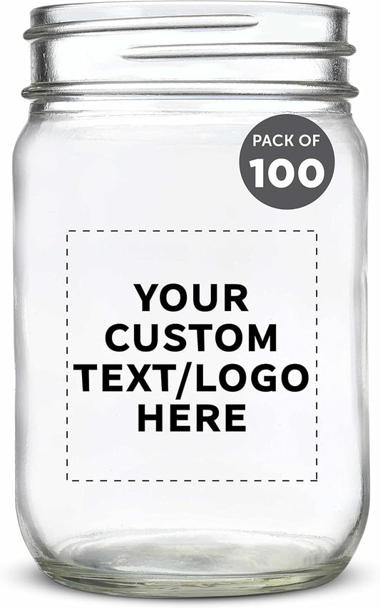 DISCOUNT PROMOS Custom Decorating Mason Jars 12 oz. Set of 100, Personalized Bulk Pack - Glass Jars for Overnight Oats, Candies, Fruits, Pickles, Spices, Beverages - Clear