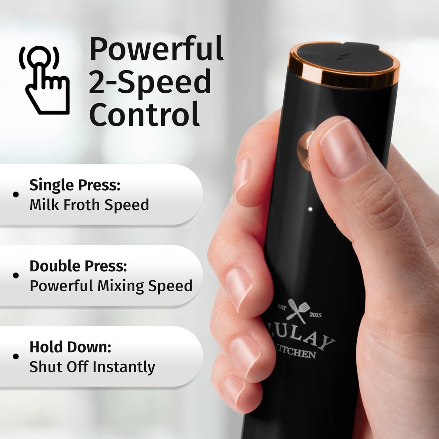 Zulay Kitchen Lux Rechargeable Milk Frother Handheld - Powerful 2-Speed Motor, Fully Waterproof, 2000mAh Battery - Drink Mixer For Latte, Cappuccino, Matcha, Protein Powder - Black Copper