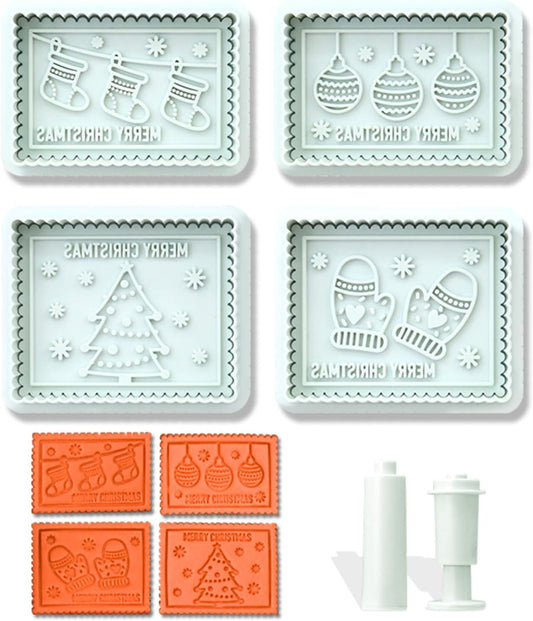 Christmas Cookie Cutters, 4-Piece 3D MERRY CHRISTMAS Plastic Cookie Stamp Set, Comes with Merry Christmas in English, Perfect for Christmas cookie baking and parties