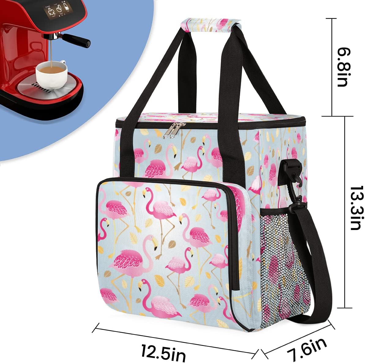Animal Pink Flamingos Coffee Maker Carring Bag Travel Storage Tote Bag Compatible with Keurig K-Mini or K-Mini Plus Portable Single Serve Coffee Brewer Case with Pockets for K-cup Pods