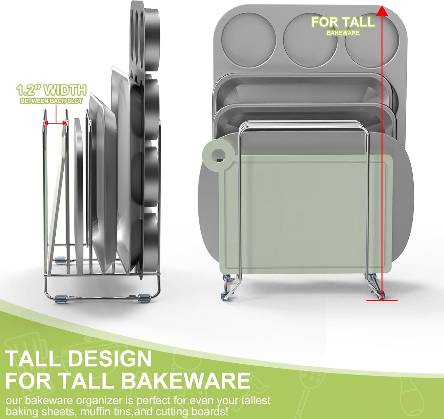 AKAZA 2 Pack-X-Large Kitchen Cabinet Organizer - Storage Tray Organizer Rack for Kitchen Cabinet - Divided Holder with 5 Slots for Skillets, Cutting Board, Baking Sheets(Chrome)