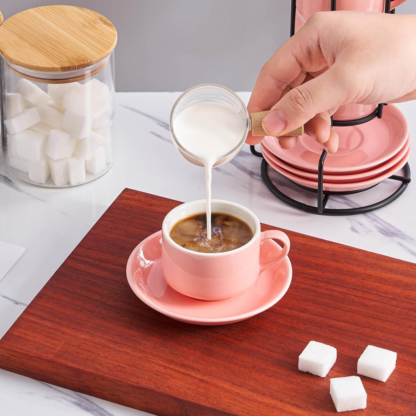 YOLIFE 2.5oz Porcelain Stackable Espresso Cups with Saucers and Metal Stand Set of 4, Stackable Cappuccino Cups, Pink Expresso Shots Cup Set for Coffee Drinks, Latte, Tea