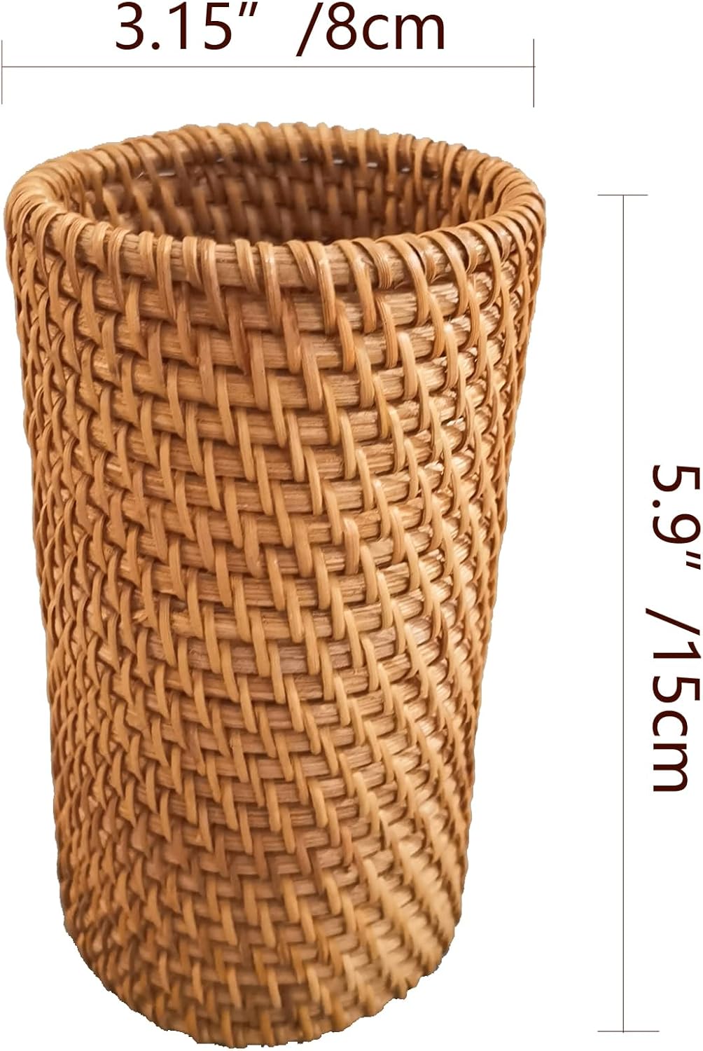 Handmade High Wall Rattan Pen Cup,Tea Items Desk Holder,Wicker Pencil Décor Holder Flower Vase For Dry Flower,Rustic Makeup Brushes Holder Stand, Table Loose Items Organizer (High Cylinder)