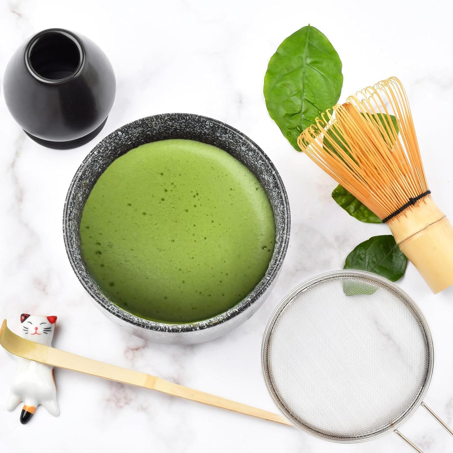 Matcha Whisk Set, Matcha Tea Set Included Matcha Bowl, Bamboo Matcha Whisk, Scoop, Matcha Whisk Holder, Spoon Stand, Matcha Sifter, Japanese Matcha Set for Beginners, Black