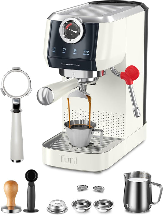 Tuni E2 58𝒎𝒎 𝑫𝒖𝒂𝒍 𝑩𝒐𝒊𝒍𝒆𝒓 𝑬𝒔𝒑𝒓𝒆𝒔𝒔𝒐 𝑴𝒂𝒄𝒉𝒊𝒏𝒆 with 𝑩𝒐𝒕𝒕𝒐𝒎𝒍𝒆𝒔𝒔 𝑷𝒐𝒓𝒕𝒂𝒇𝒊𝒍𝒕𝒆𝒓 Combo, 20 Bar Pump Semi-automatic Espresso Maker