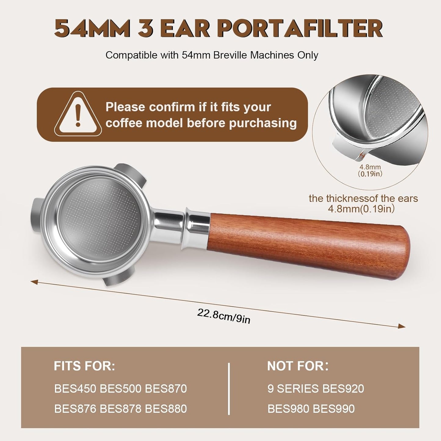 54mm Bottomless Portafilter 3 Ears Espresso Portafilter Compatible with reville BES870/878/880 with Puck Screen Coffee Needle and Walnut Handle