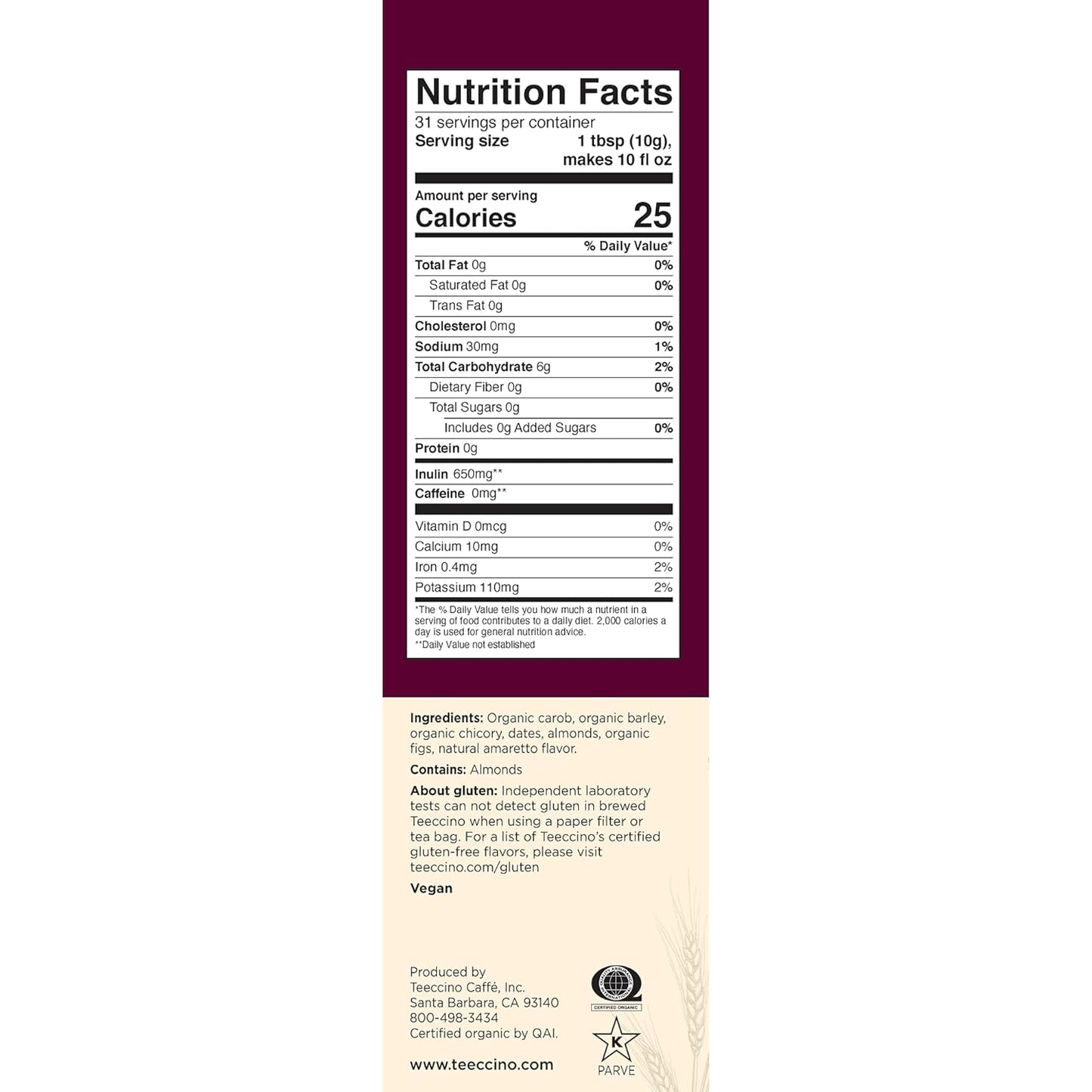 Teeccino Almond Amaretto Chicory Coffee Alternative - Ground Herbal Coffee That’s Prebiotic, Caffeine Free & Acid Free, Medium Roast, 11 Ounce (Pack of 6)