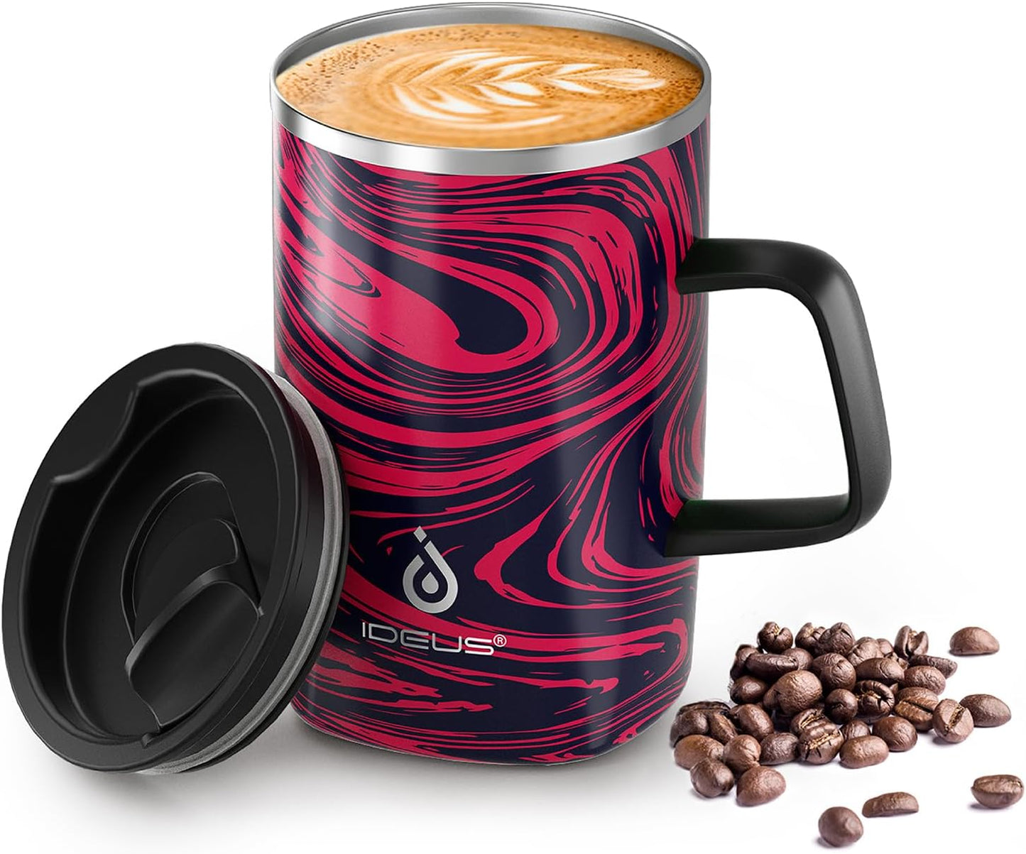 Ideus Vacuum Insulated Coffee Mug, 16oz Reusable Stainless Steel Thermal Double Walled cup with Handle and Slider Lid for Hot & Cold Beverages, BPA Free (Red Zebra)