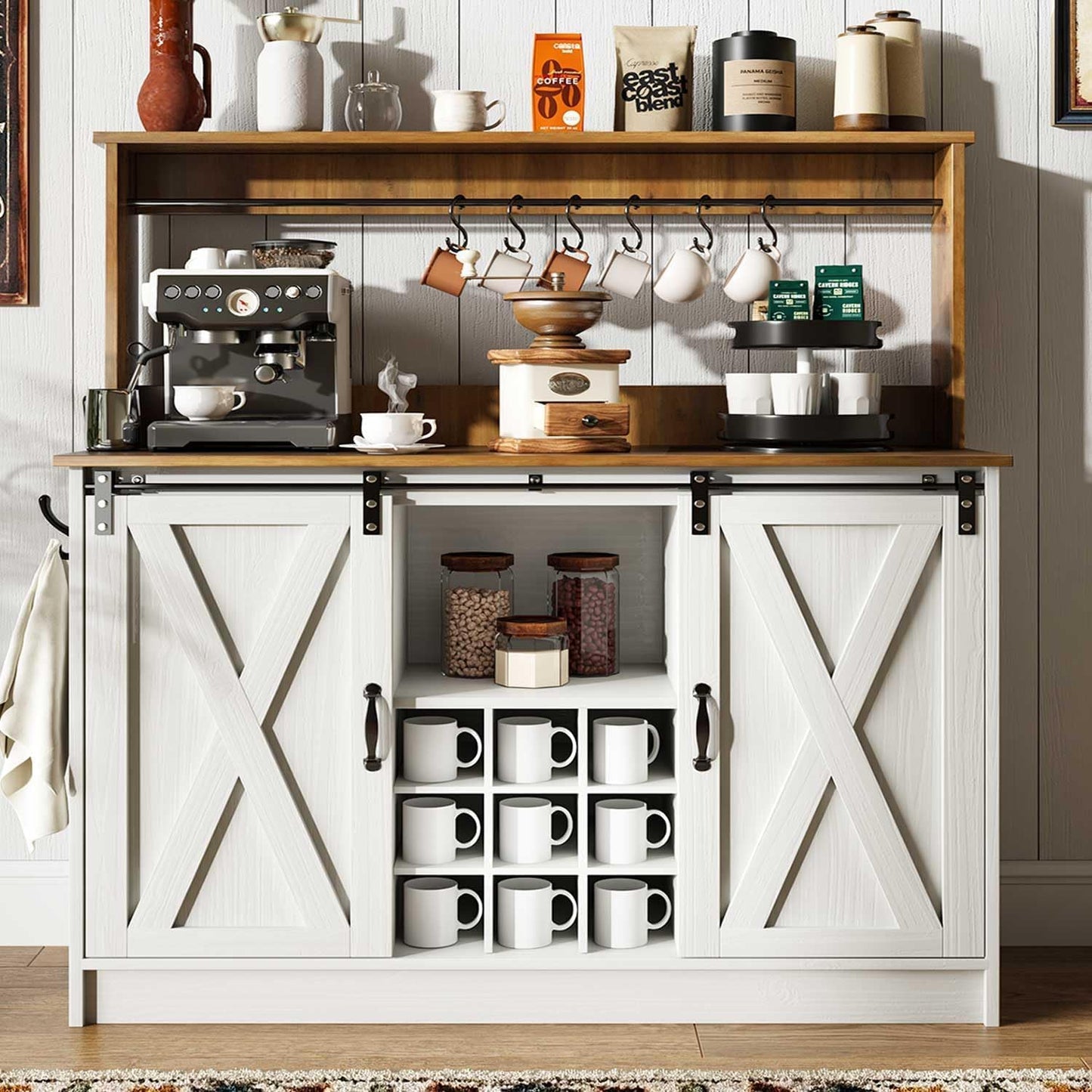 4ever2buy Farmhouse Coffee Bar Cabinet with 6 Hooks, 47'' Kitchen Coffee Bar with Hutch and 9 Wine Racks, White Sideboard Buffet with Sliding Barn Door for Dining Living Room