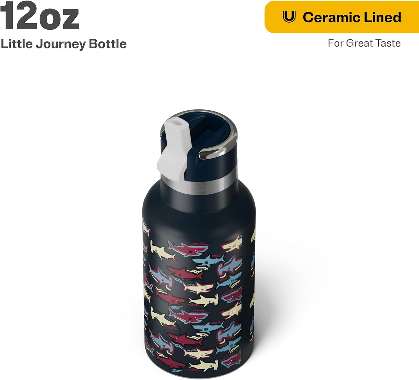 RTIC Little Journey Bottle with Straw, Insulated, Stainless Steel, Metal, Double Wall Vacuum-Insulation, Ceramic-Lined, Leak-Proof Lid, BPA-Free Water Flask for Sports, Travel, Navy Sharks