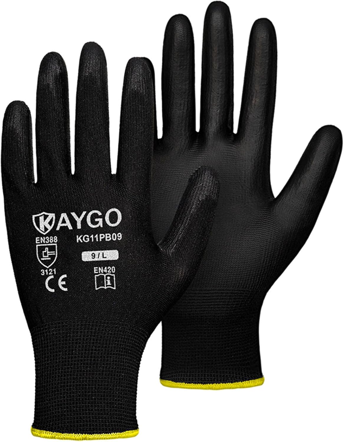 KAYGO Safety Work Gloves PU Coated, 60 Pairs KG11PB Seamless Knit Glove for Men and Women, with Smooth Grip on Palm and Fingers, Ideal for General Duty Work (Large, Black)