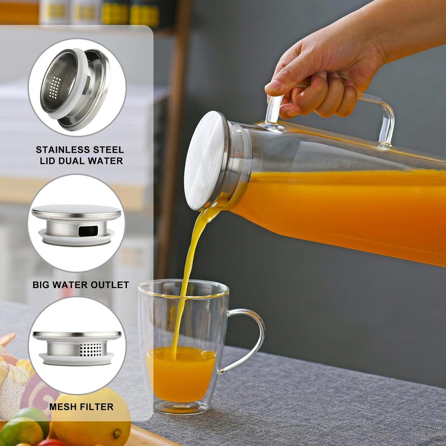 1.8 Liter Glass Pitcher with lid 60oz Glass Water Pitchers for Fridge Heat Resistant Glass Water Carafe with Handle for Party Water Jugs Tea pitcher Lemonade Iced Tea Jug Juice or Drinks