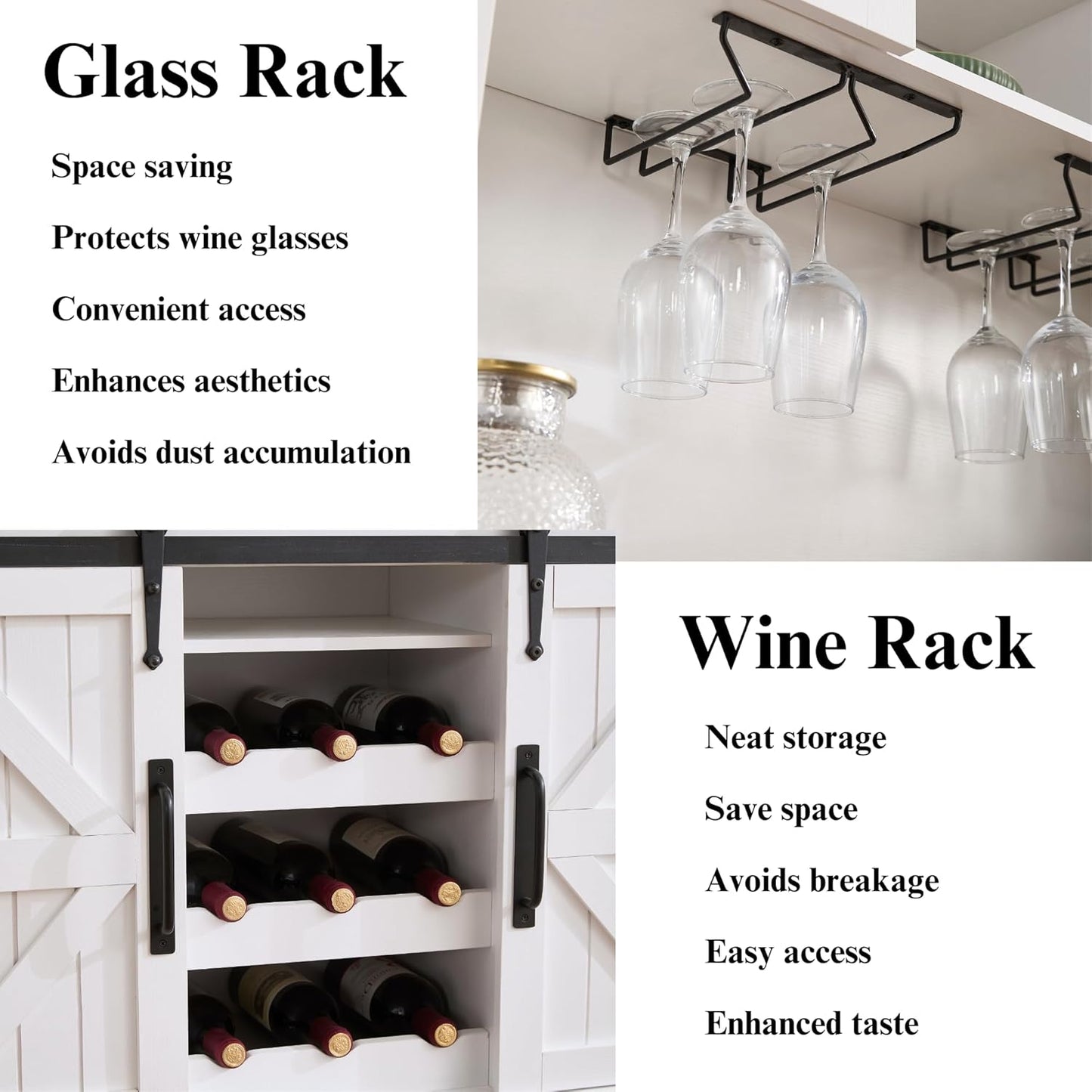 Coffee Bar Cabinet with Sliding Barn Doors 71'' Farmhouse White Pantry Cabinet with Drawers & Wine Glass Rack Rustic Buffet Cabinet for Kitchen, Brown