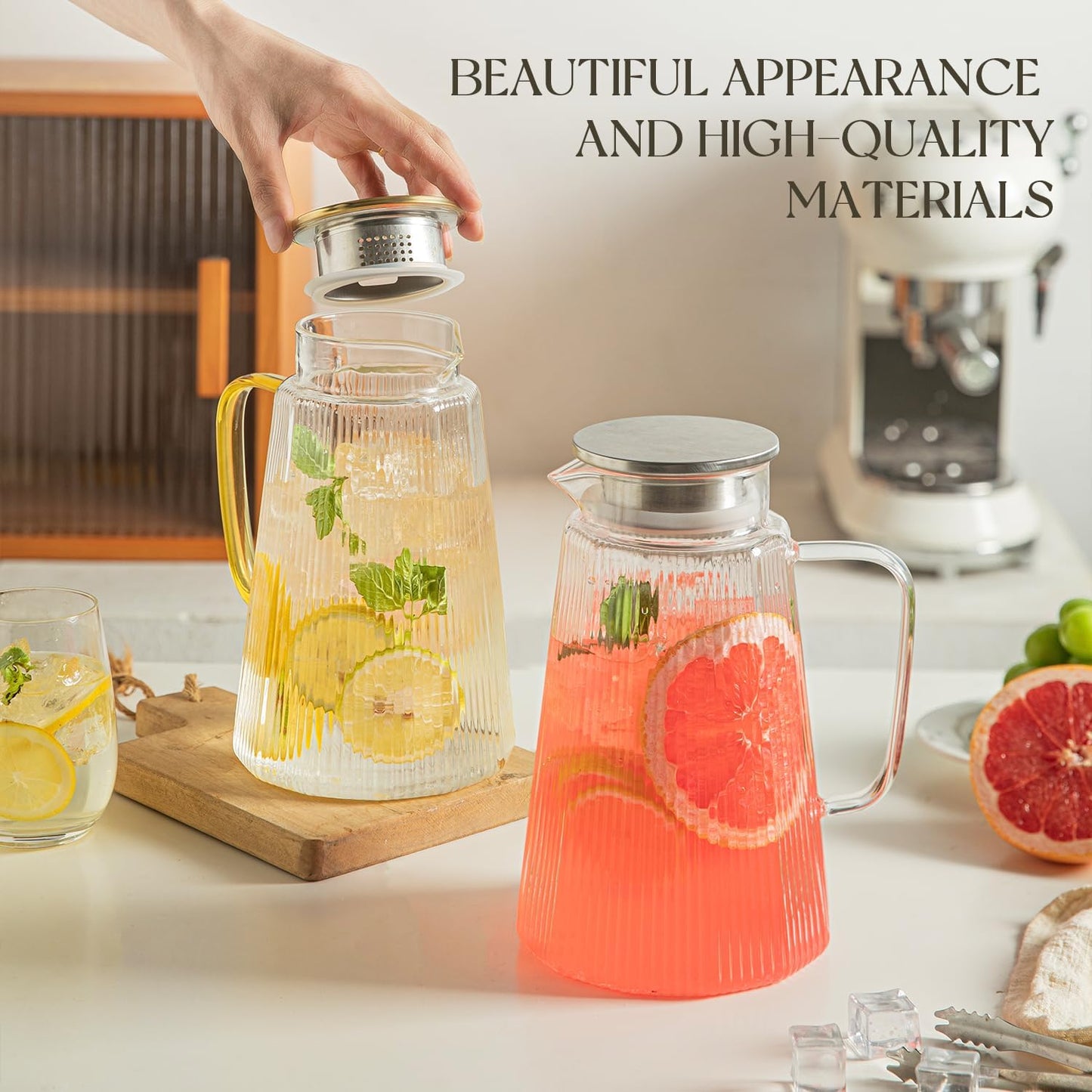 [2 Pack] Ribbed Glass Pitcher Set – 71oz Heat-Resistant Beverage Jugs with Lid for Water, Iced Tea, Juice, Coffee – Large Borosilicate Carafes for Hot & Cold Drinks, Elegant Serving Pitchers