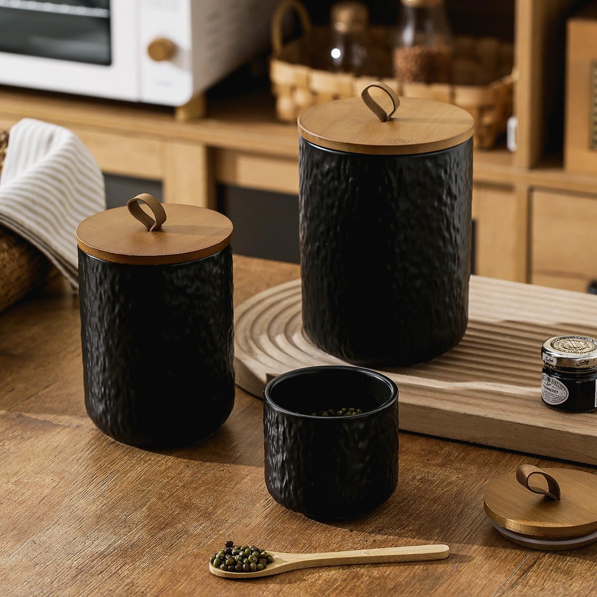 Black White Ceramic Coffee Canister Tea Canister with Seal Wood Lid, Airtight Coffee Storage Container for Coffee Bean, Ground Coffee, Sugar, Cookie Candy jar (Black, 1300ml)