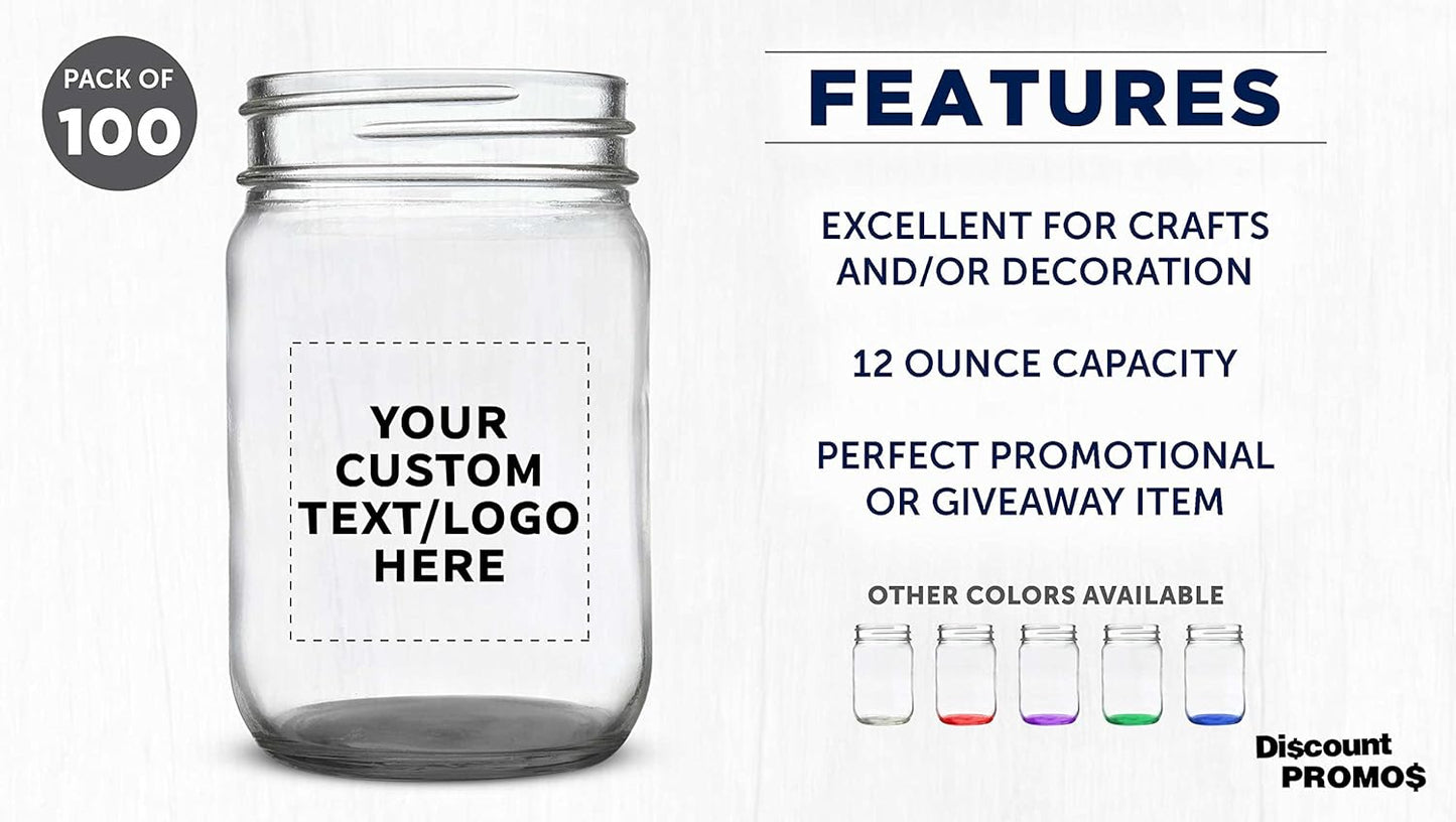 DISCOUNT PROMOS Custom Decorating Mason Jars 12 oz. Set of 100, Personalized Bulk Pack - Glass Jars for Overnight Oats, Candies, Fruits, Pickles, Spices, Beverages - Black