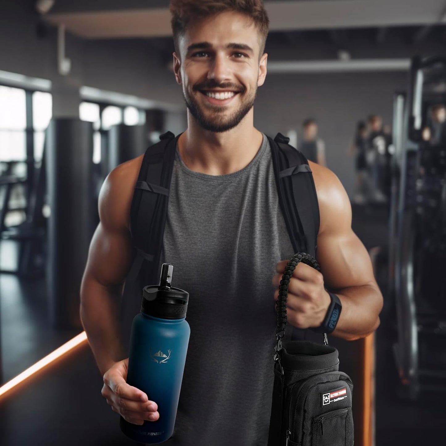 NATURE PIONEOR Insulated Water Bottles with Straw - 32oz Stainless Steel Vacuum Bottle with Holder/Carrier/Sleeve - Reusable 18/8 Food Grade 32 oz Water Jug