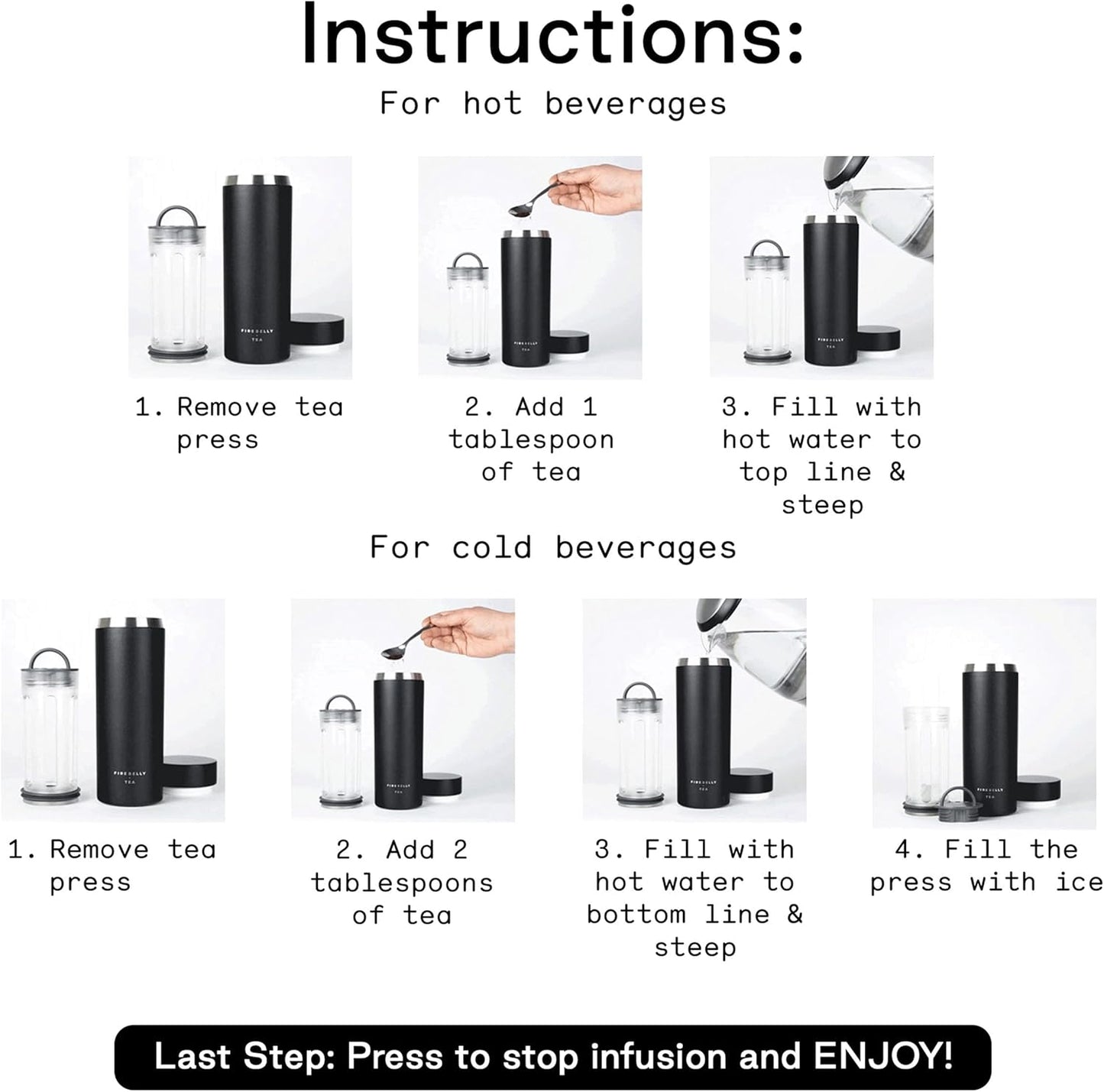 Firebelly Tea, Travel Tea Infuser Mug with Strainer, Insulated Tumbler for Loose Leaf Tea or Coffee, Leakproof Bottle for Hot or Iced Drinks, Stainless Steel Thermos with Lid, Noir